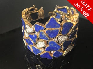 14 K.T. YELLOW GOLD LADIES ANTIQUE/ ESTATE BLUE LAPIS & DIAMOND BRACELET