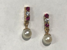 Load image into Gallery viewer, 18 K.T. YELLOW GOLD LADIES PEARL, RUBY &amp; DIAMOND DANGLE EARRINGS
