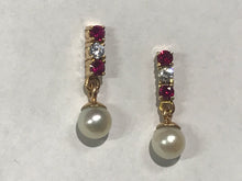 Load image into Gallery viewer, 18 K.T. YELLOW GOLD LADIES PEARL, RUBY &amp; DIAMOND DANGLE EARRINGS
