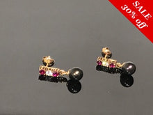 Load image into Gallery viewer, 18 K.T. YELLOW GOLD LADIES BLACK PEARL, RUBY &amp; DIAMOND DANGLE EARRINGS
