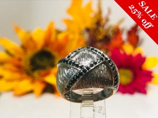 14 K.T. LADIES WHITE GOLD DOME RING SATIN FINISH W/ ROUND BLACK DIAMONDS