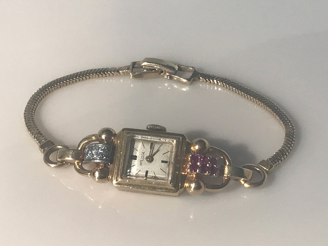 14 K.T. YELLOW GOLD LADIES ANTIQUE/ ESTATE ART DECO DIAMOND & RUBY WATCH