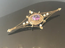 Load image into Gallery viewer, 14 K.T. YELLOW GOLD LADIES ANTIQUE/ ESTATE JEWELRY AMETHYST &amp; PEARL PIN
